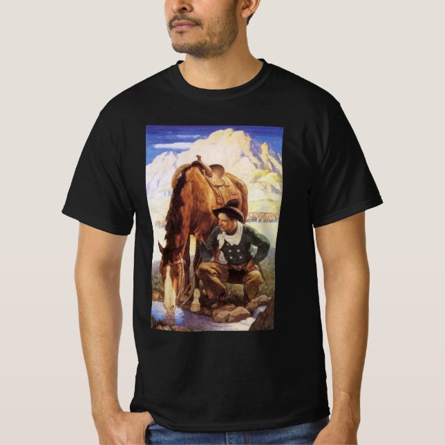 Camiseta Cowboy Cuidando de Seu Cavalo pelo NC Wyeth, Vinta (Frente)