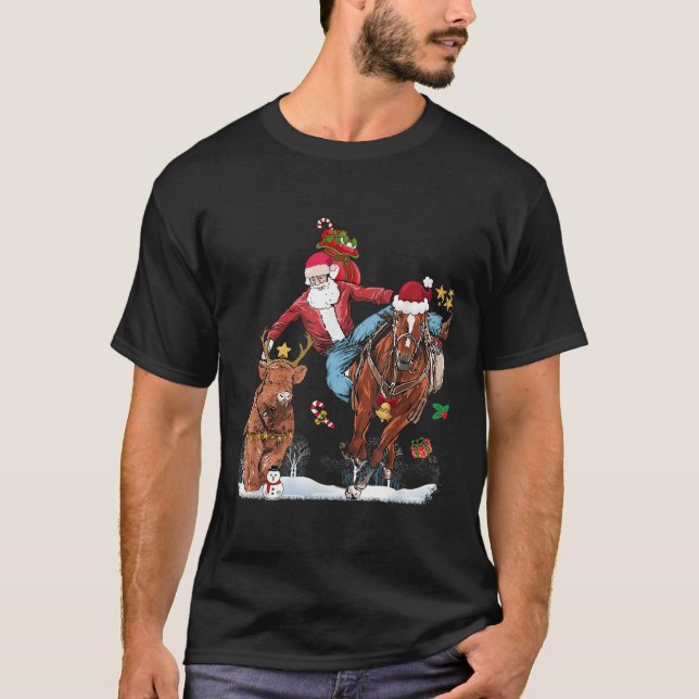 Camiseta Cowboy Santa Bulldogging Western Cowboy Xmas Funny (Frente)