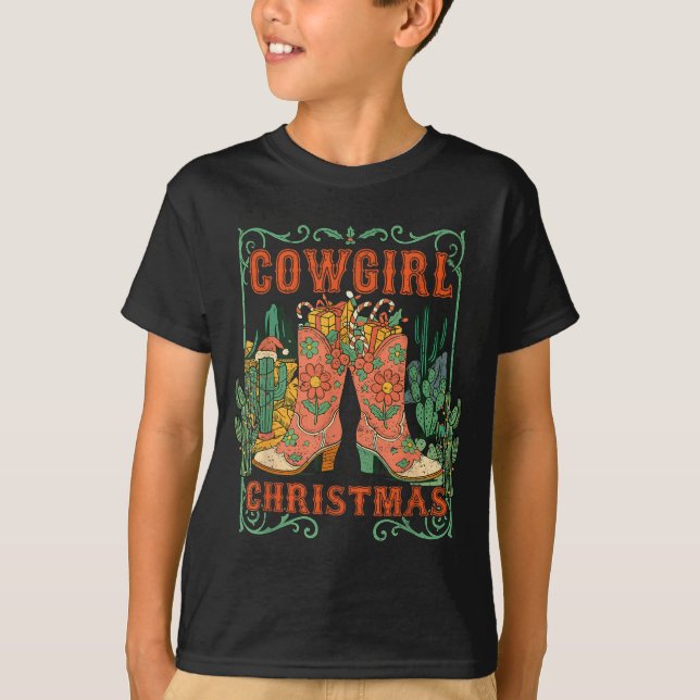 Camiseta Cowgirl Christmas Boots Cactus Retro Western Holid (Frente)
