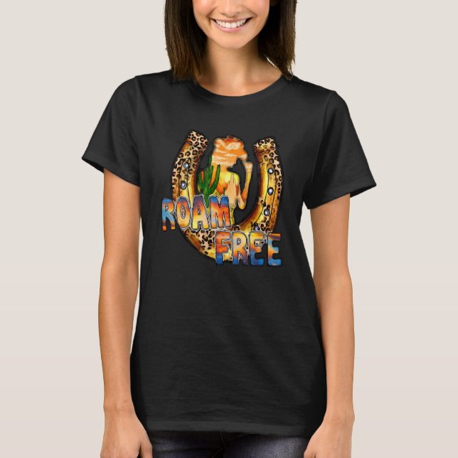 Camiseta Cowgirl Horseshoe Roam Free Wild Soul Western Dese (Frente)