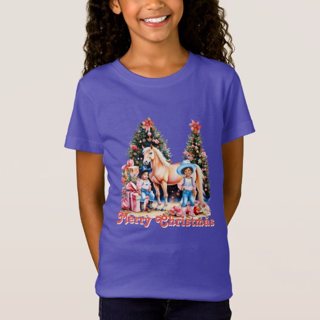 Camiseta Cowgirl Negra Horse de inverno Feliz Natal (Frente)