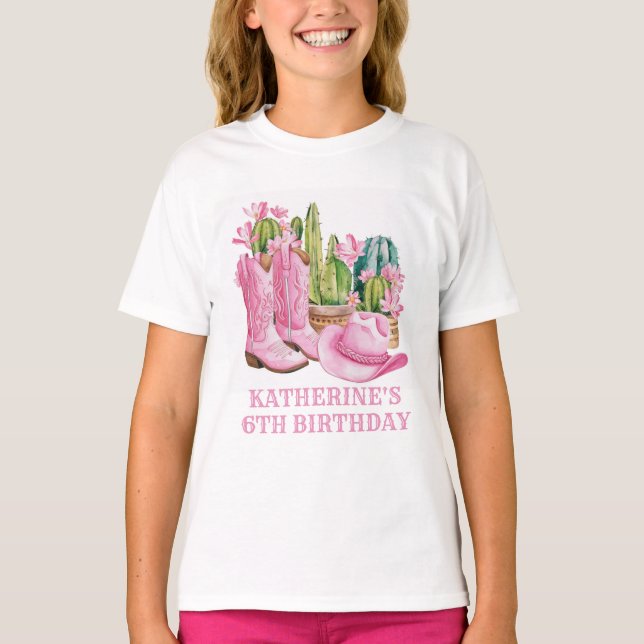 Camiseta Cowgirl Ocidental rosa Cactus Watercolor Aniversár (Frente)