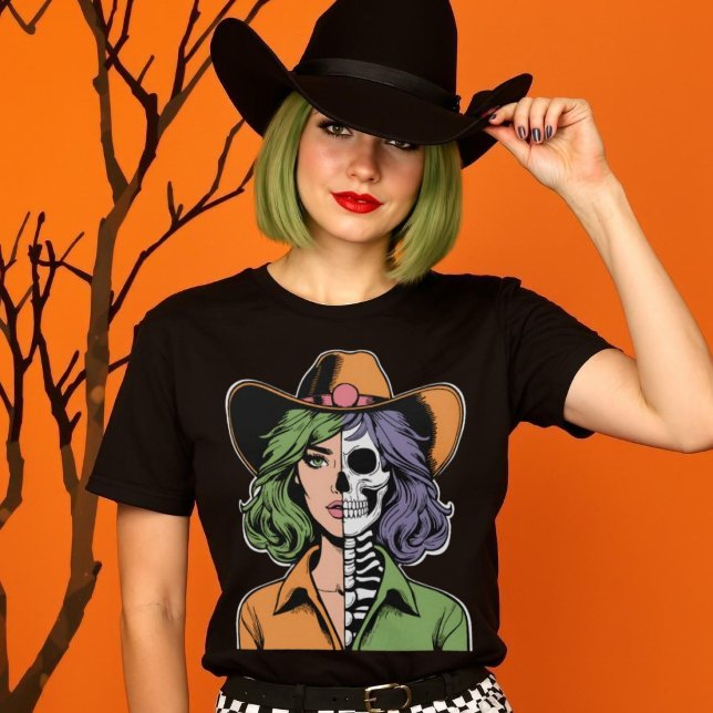 Camiseta Cowgirl para o Halloween do Esqueleto Ocidental Bo (Cowgirl to the Bone Western Skeleton Halloween T-Shirt.)