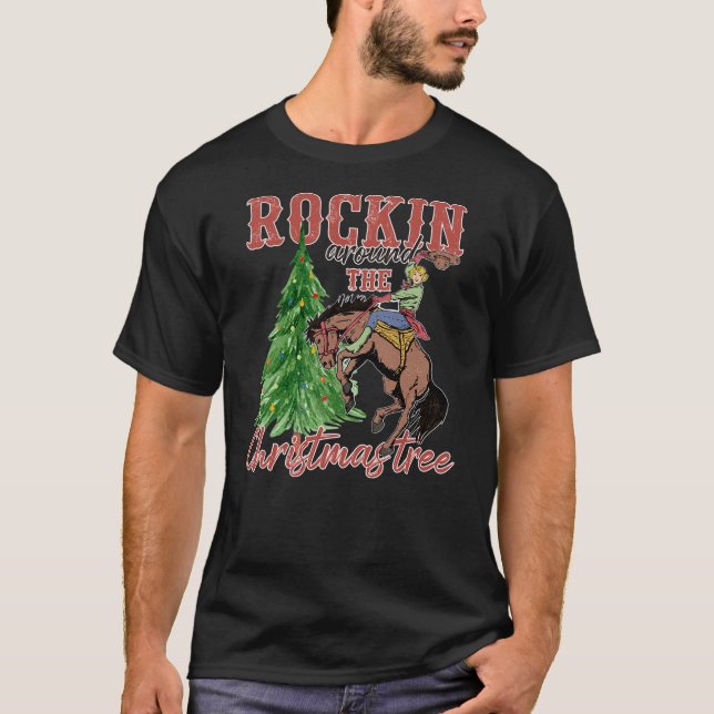 Camiseta Cowgirl Ride Horse Xmas Rockin Around Christmas Tr (Frente)