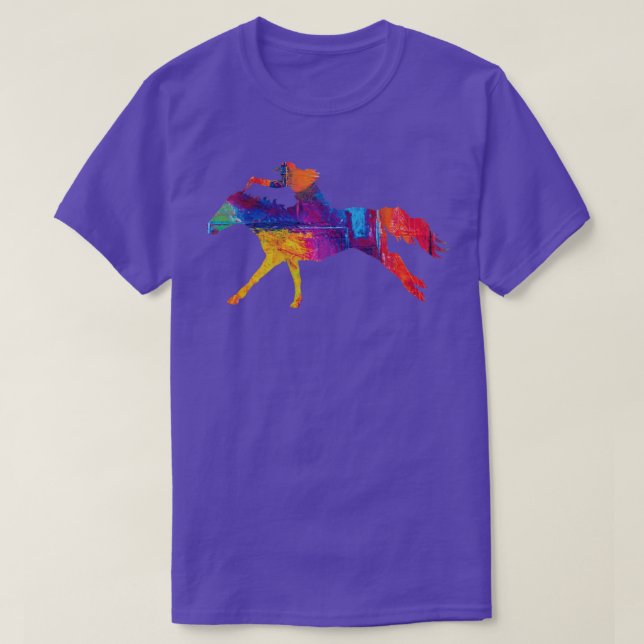 Camiseta Cowgirl Riding a Running Horse with Rainbow Backgr (Frente do Design)