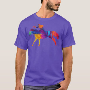 Camiseta Cowgirl Riding a Running Horse with Rainbow Backgr