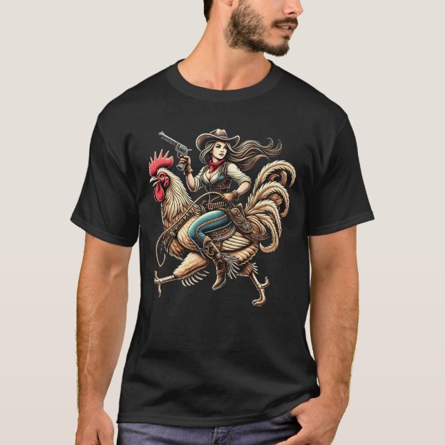 Camiseta Cowgirl Riding Chicken Rooster Lover Vintage (Frente)