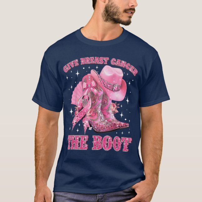 Camiseta Cowgirl Western Give Breast Cancerhe Boot Pink Rib (Frente)