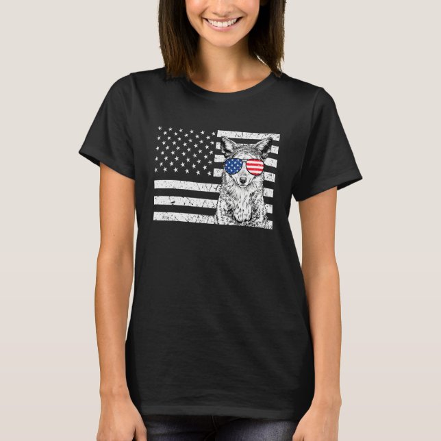Camiseta Coyote 4th of July Animal US American Flag Wolf Pa (Frente)