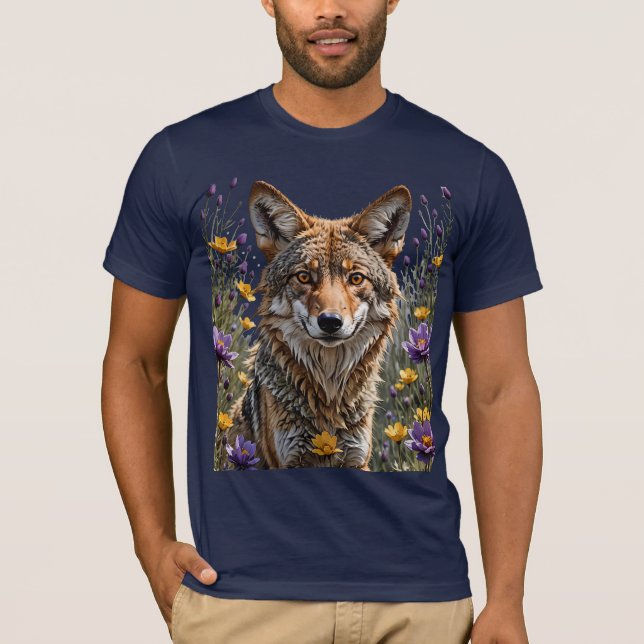 Camiseta Coyote Cercado Por Uma Flor Pasque Americana (Frente)