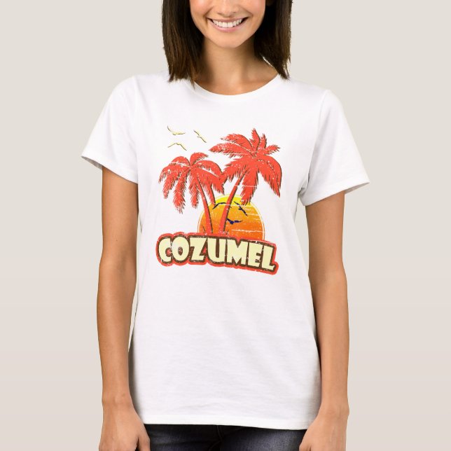 Camiseta Cozumel Summer Palm Trees 80s Beach Sunset (Frente)