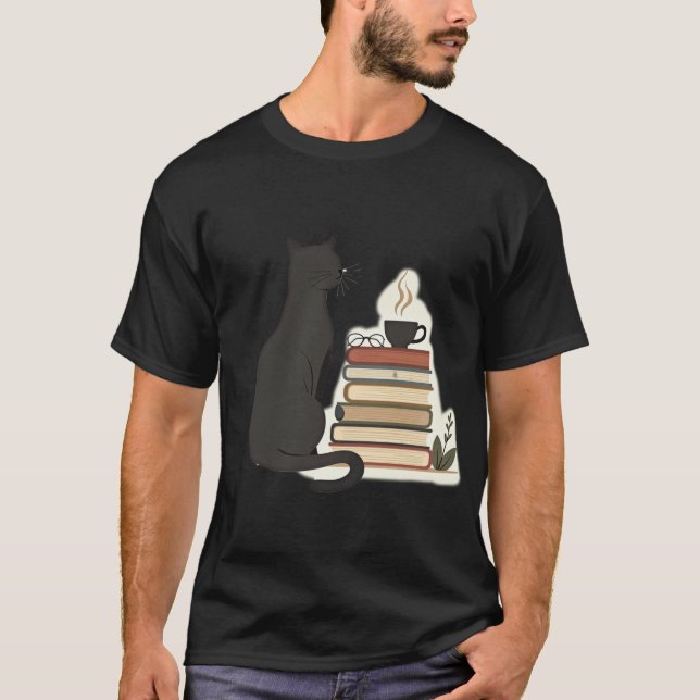 Camiseta Cozy Black Cat Book Lover Coffee and Reading (Frente)