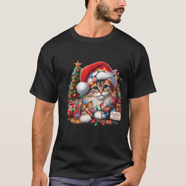 Camiseta Cozy Cat in Christmas Lights, Santa Hat  (Frente)