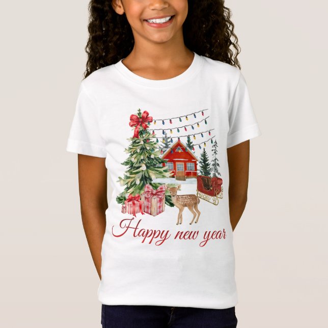 Camiseta 🎄 Cozy Christmas Cabin & Deer | Happy New Year Wa (Frente)