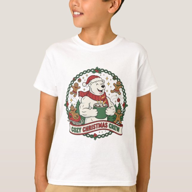 Camiseta Cozy Christmas Crew – Cute Polar Bear & Gingerbrea (Frente)