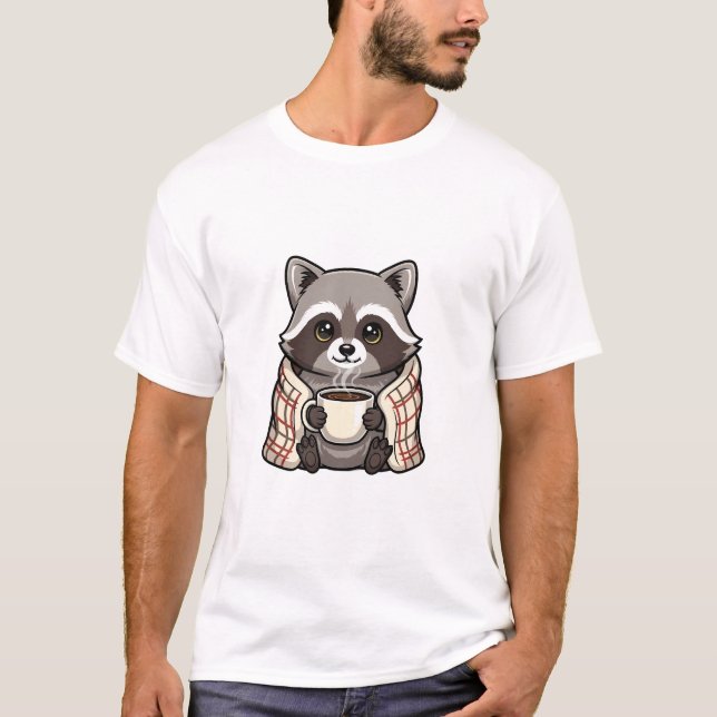 Camiseta Cozy Cute Raccoon Wrapped in Plaid Blanket (Frente)