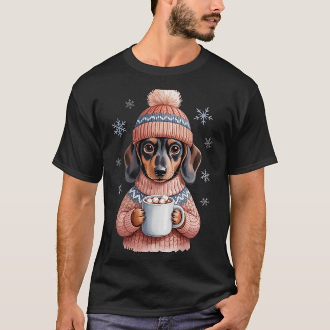 Camiseta Cozy Dachshund Dog With Hot Cocoa Holiday Winter S (Frente)