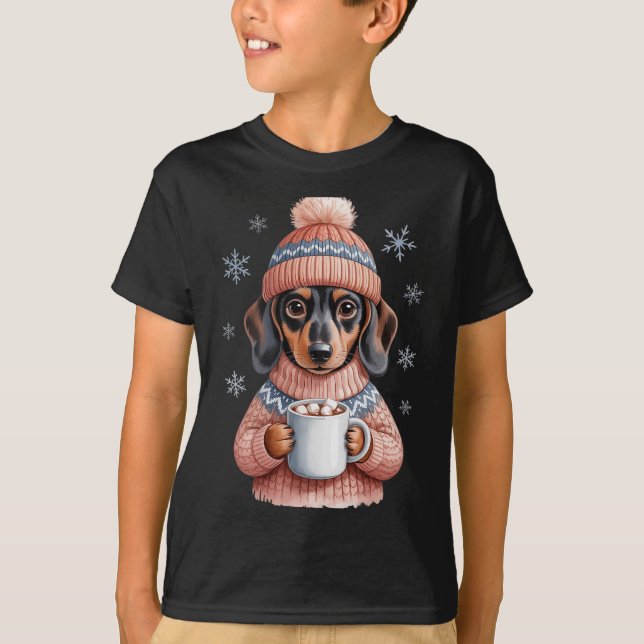 Camiseta Cozy Dachshund Dog With Hot Cocoa Holiday Winter S (Frente)