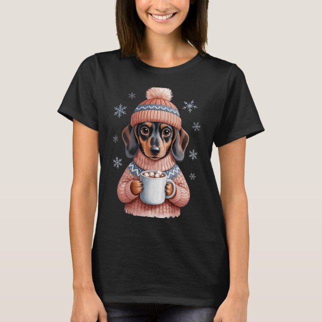Camiseta Cozy Dachshund Dog With Hot Cocoa Holiday Winter S (Frente)