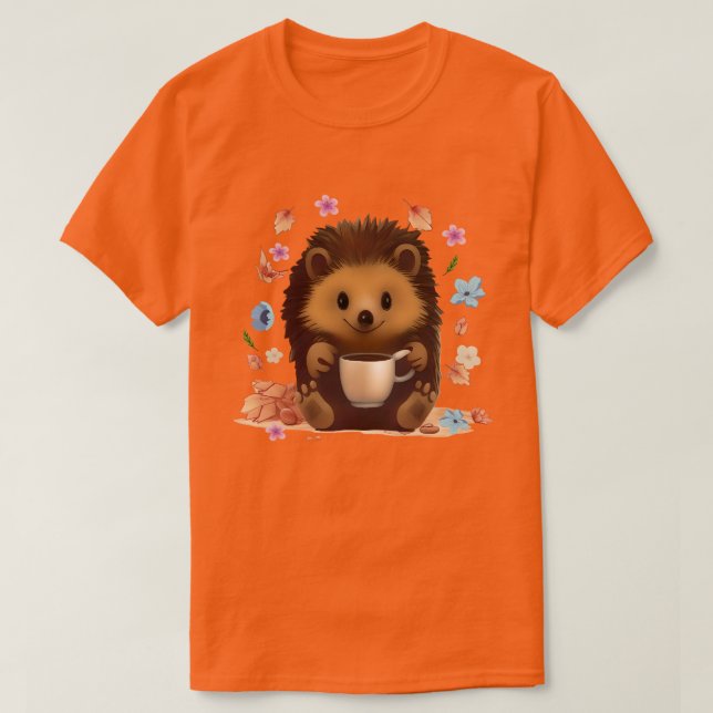 Camiseta Cozy Hedgehog com café - Arte de outono (Frente do Design)