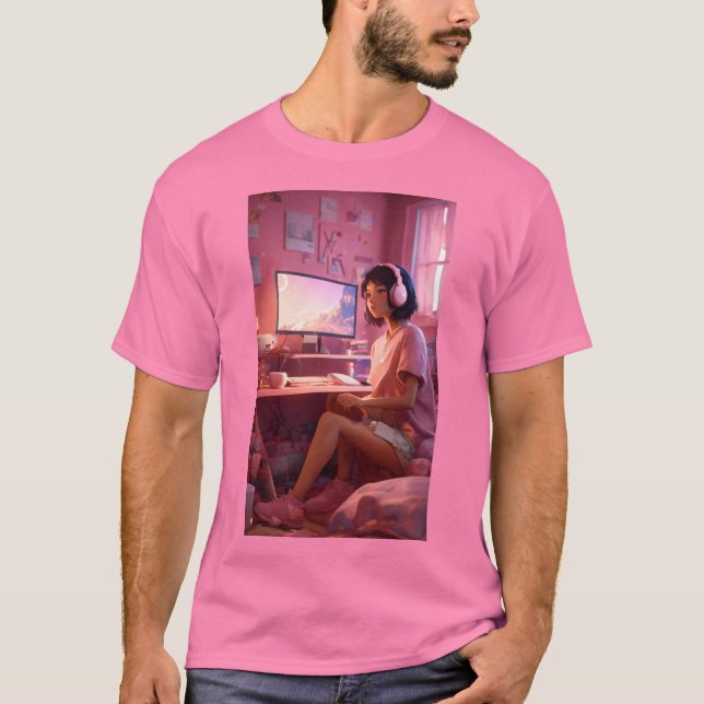 Camiseta "Cozy Lofi Vibes: Garota Bonita em Pastel Haven" (Frente)