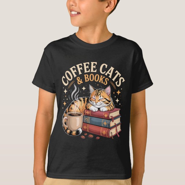 Camiseta Cozy Reading Cat Coffee And Books Lover Artwork  (Frente)