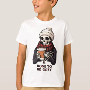 Camiseta Cozy Skeleton Fall Halloween Doodles Festa Diverti