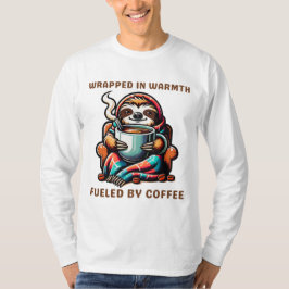 Camiseta Cozy Sloth com café Mug embrulhado em cobertor