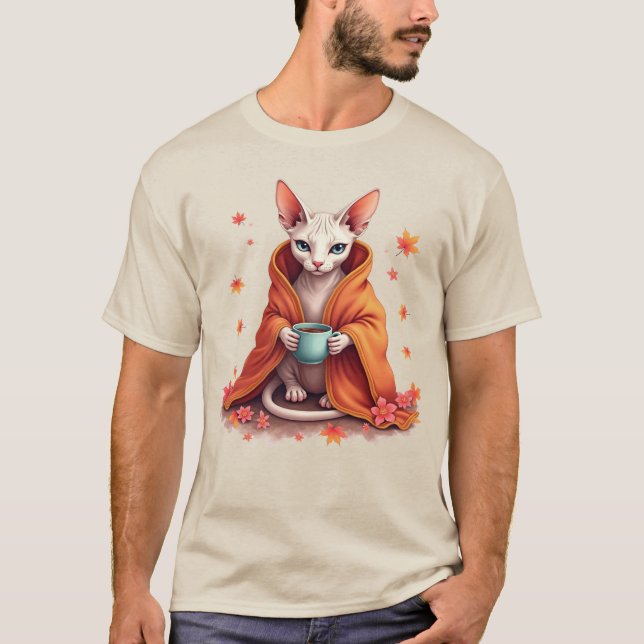 Camiseta Cozy Sphynx Cat embrulhada em cobertor com café -  (Frente)