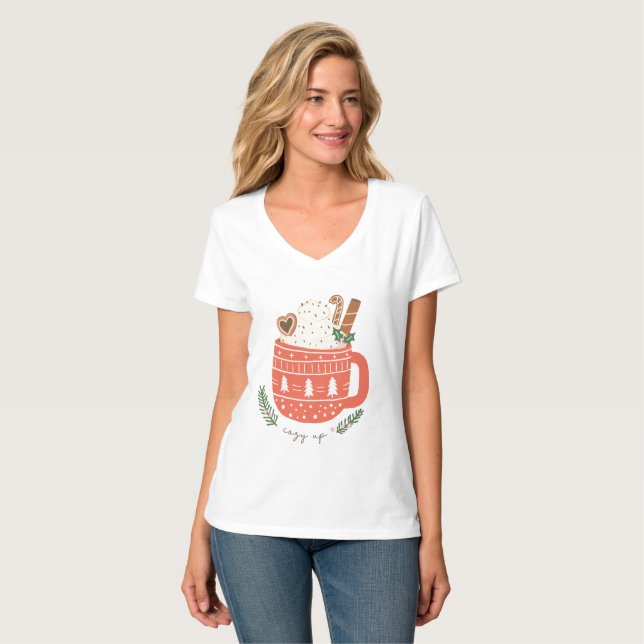 Camiseta Cozy Up chocolate quente Natal (Frente Completa)