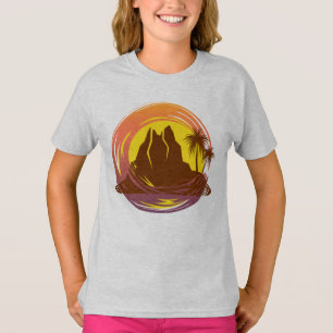 Camiseta Crachá com paisagem vulcânica tropical e palmeiras