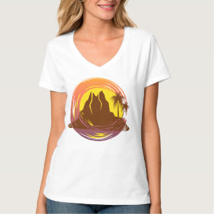 Camiseta Crachá com paisagem vulcânica tropical e palmeiras
