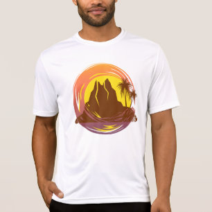 Camiseta Crachá com paisagem vulcânica tropical e palmeiras