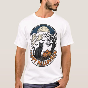 Camiseta Crachá de Gato Vintage de Halloween Fantasma ao Lu