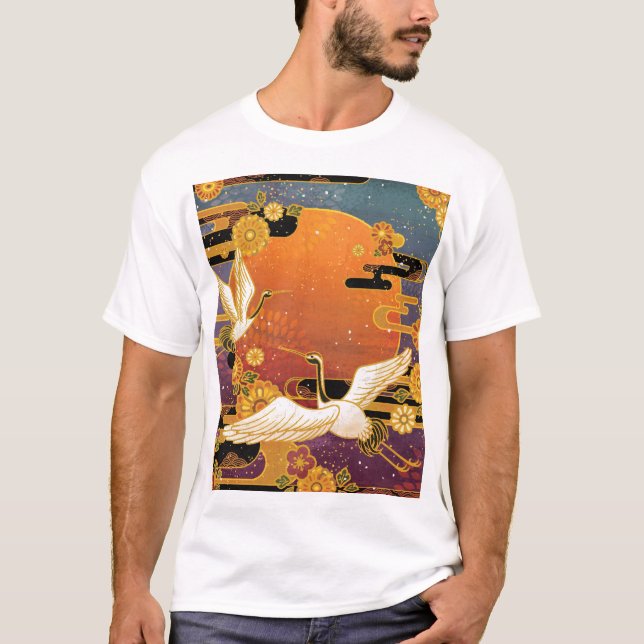 Camiseta Crane Bird Chrysanthemum Padrão Japonês (Frente)