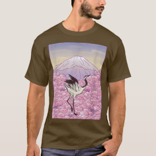 Camiseta Crane Bird Japonês Sakura Árvore Cereja Flor Flo
