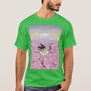 Camiseta Crane Bird Japonês Sakura Árvore Cereja Flor Flo