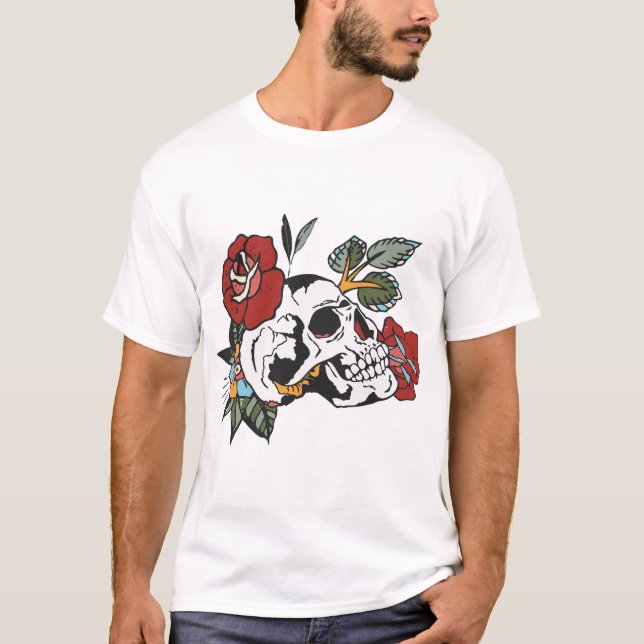 Camiseta crane fleur rose feuille tattoo tete de mort branc (Frente)
