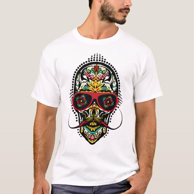 Camiseta Crâne mexicain moustachu avec lunette de soleil (Frente)