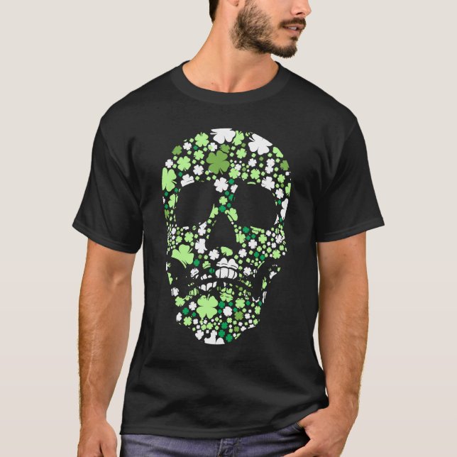 Camiseta Crânio Açúcar C Esqueleto Shamrock Santo irlandês (Frente)
