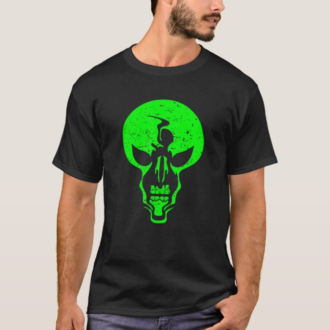 Camiseta Crânio Alien - Crânio de Alien Verde Assustador -  (Frente)