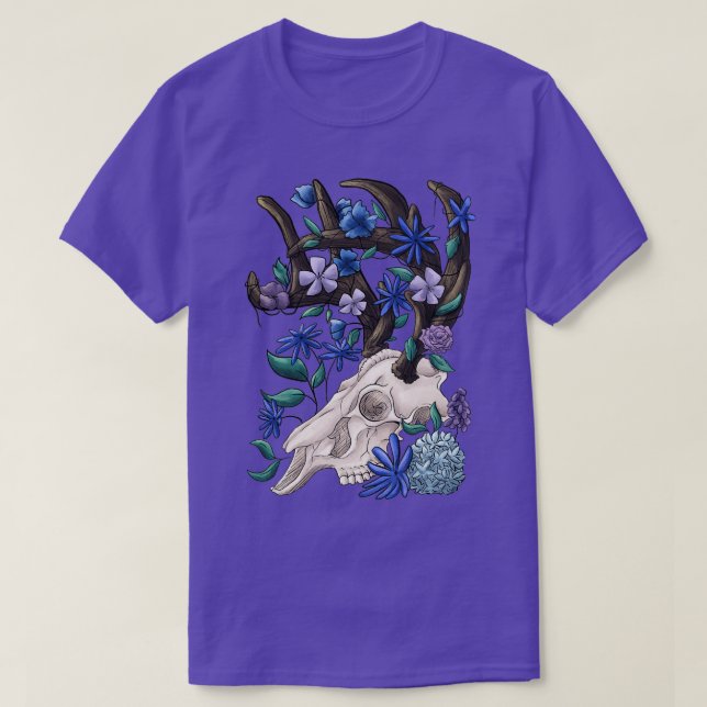 Camiseta Crânio animal com flores azuis (Frente do Design)