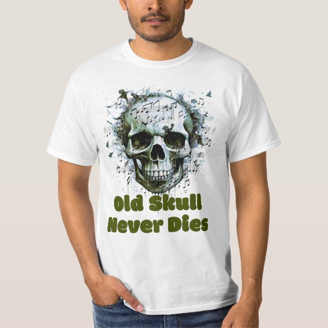 Camiseta Crânio Antigo Nunca Morre, Crânio de Nota Musical (Frente)