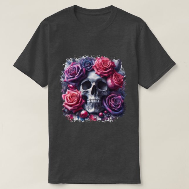 Camiseta Crânio arredondado por Rosas vibrantes (Frente do Design)