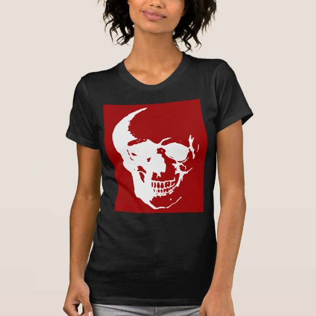 Camiseta Crânio - Arte de Fantasia de Metal Vermelho e Bran (Frente)
