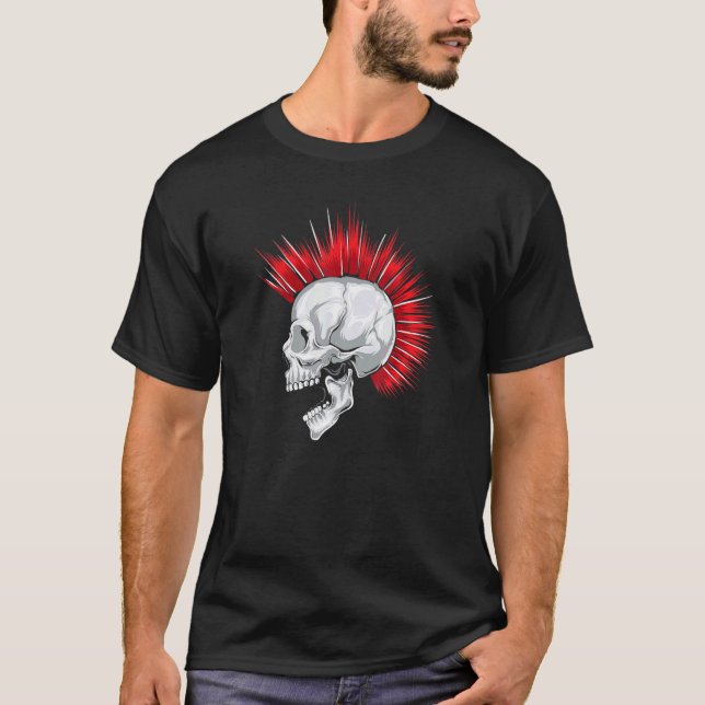 Camiseta Crânio Assustador Com Cabelo Vermelho Mohawk (Frente)