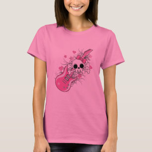 Camiseta Crânio bonito com violão rosa
