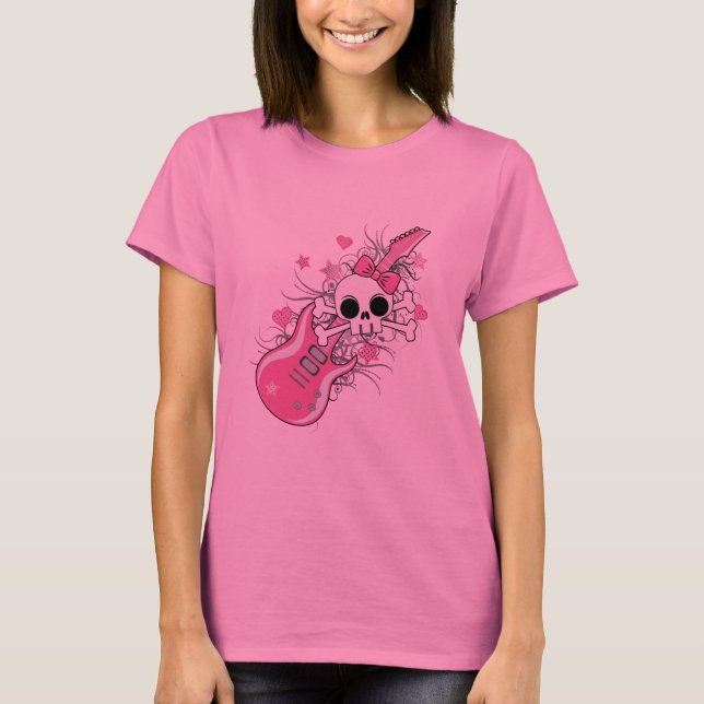 Camiseta Crânio bonito com violão rosa (Frente)