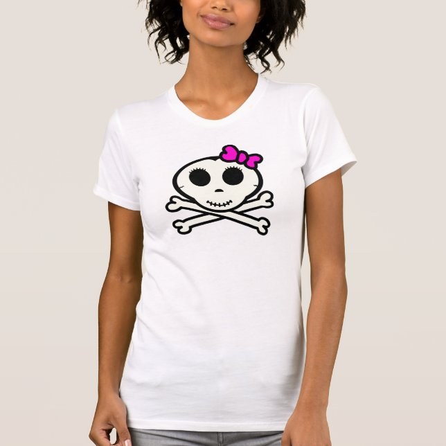 Camiseta Crânio bonito e Crossbones com arco cor-de-rosa (Frente)
