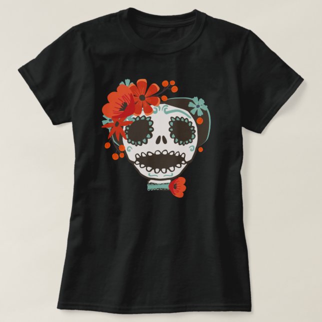 Camiseta Crânio bonito que veste flores (Frente do Design)